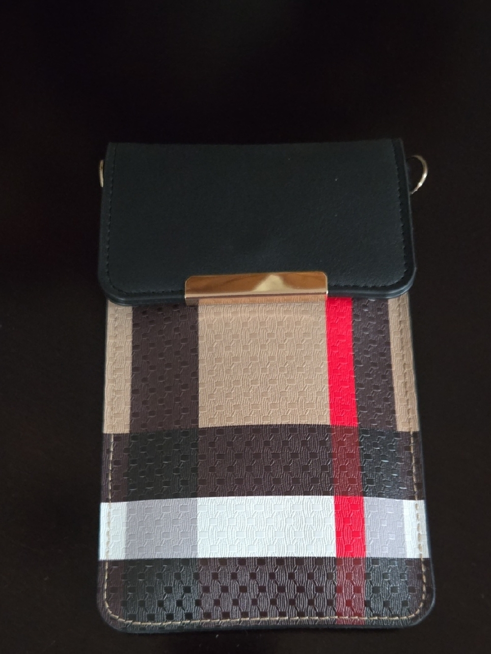 Plaid Crossbody Phone Bag with Red Accent